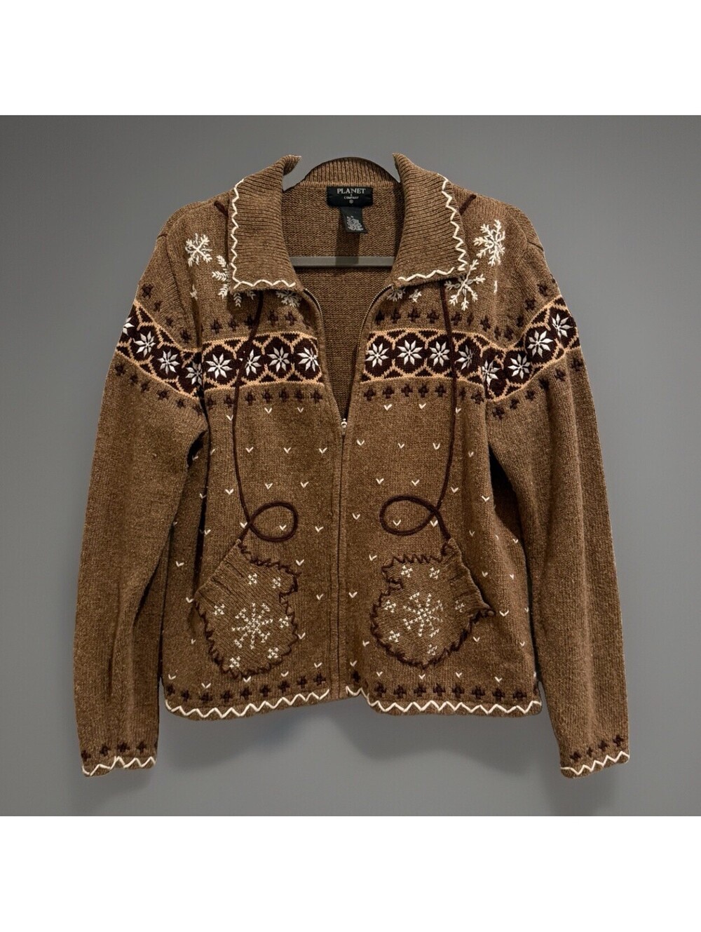 Vintage Planet & Company Brown Snowflake Zip-Up Cardigan Sweater
